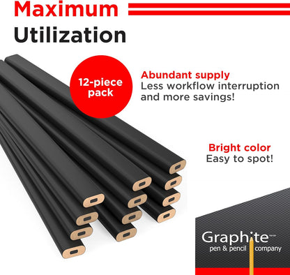 GRAPHITE Hard Lead Carpenter Pencils Bulk - (1) Pack of 12 Pieces Lumber Wooden Pencil #2 (HB) - Red