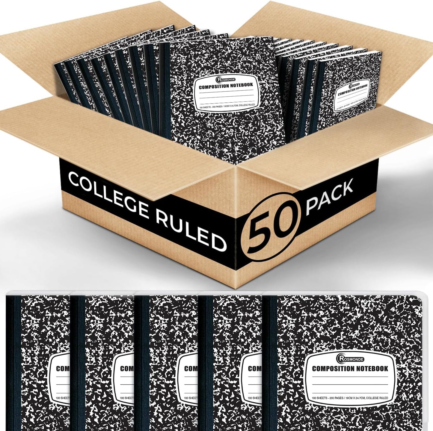 Rosmonde 50 Pack Bulk Composition Notebooks, College Ruled Notebook, 200 Pages (100 Sheets), 9-3/4 x 7-1/2", Hard Cover, Black Marble Composition Journal Book, Bulk Notebooks for School & College