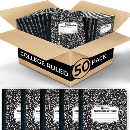 Rosmonde 50 Pack Bulk Composition Notebooks, College Ruled Notebook, 200 Pages (100 Sheets), 9-3/4 x 7-1/2", Hard Cover, Black Marble Composition Journal Book, Bulk Notebooks for School & College