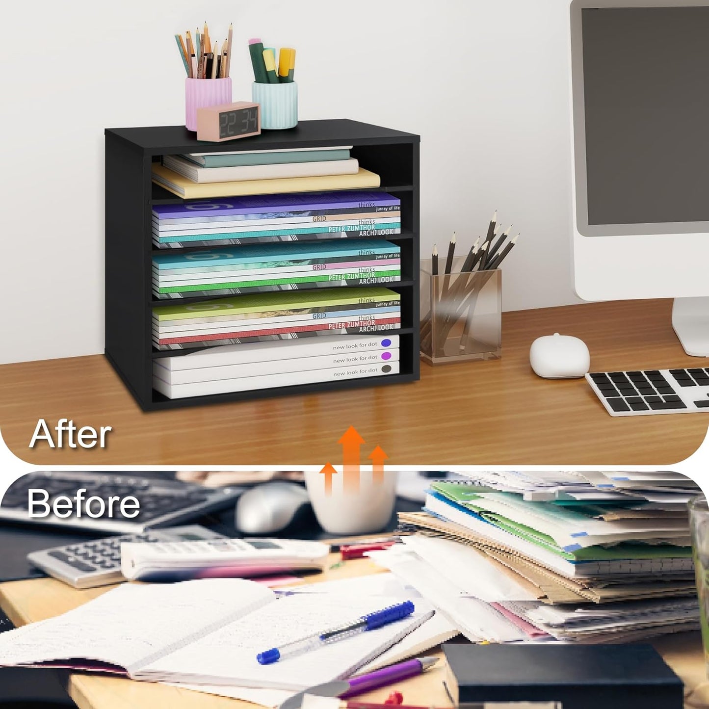 EMERIT 4-Tier Adjustable Paper Organizer, Large Capacity Desktop Organzier for Textbooks/Magazines/Office Files, Wooden Dividers, 7 lbs per Shelf, White