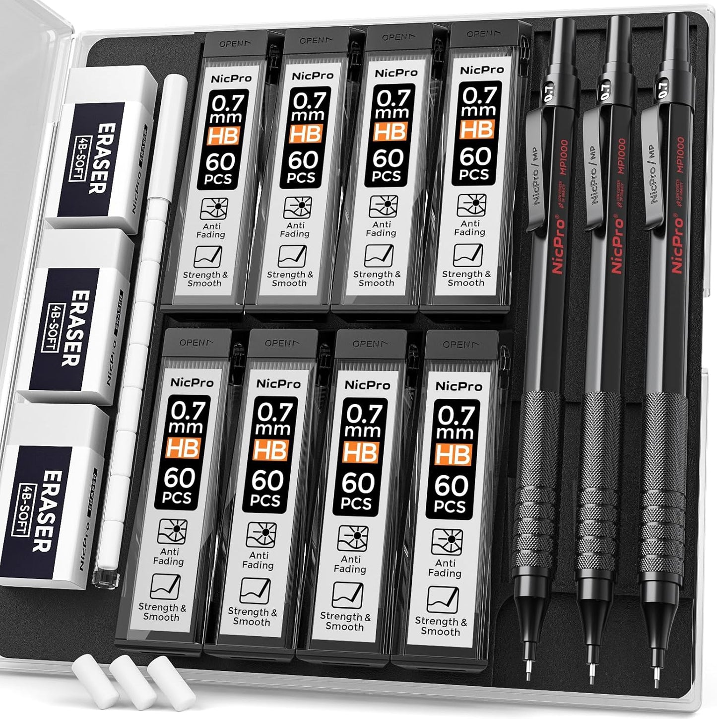 Nicpro 0.5 mm Mechanical Pencils Set with Case, 3 Metal Artist Pencil With 480PCS HB Lead Refills, 3 Erasers,9 Eraser Refills For Architect Art Writing Drafting, Drawing, Engineering, Sketching, Black