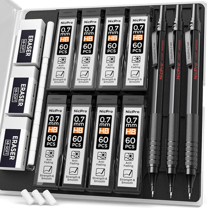 Nicpro 0.5 mm Mechanical Pencils Set with Case, 3 Metal Artist Pencil With 480PCS HB Lead Refills, 3 Erasers,9 Eraser Refills For Architect Art Writing Drafting, Drawing, Engineering, Sketching, Black