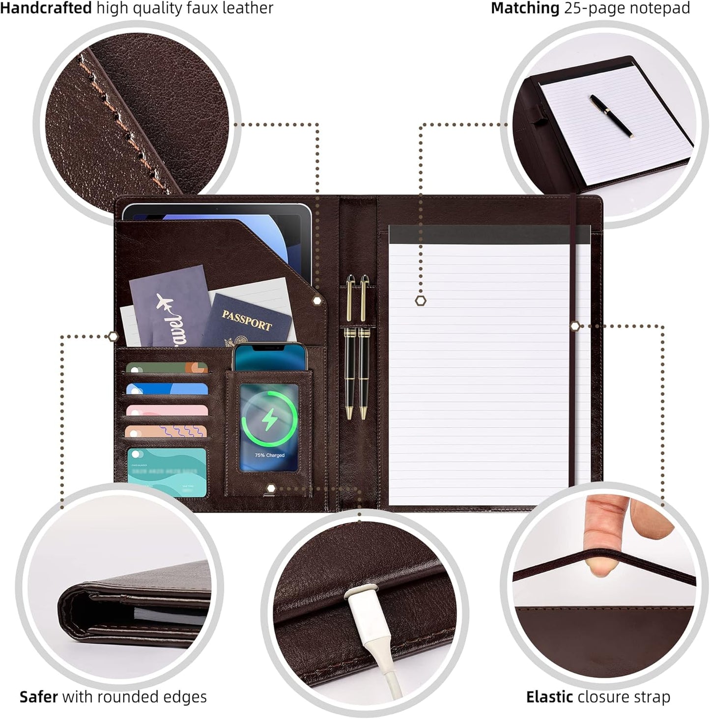 Clipboard Folio Folder Portfolio with Notepad-Pocket Business Card Holder Brown Faux PU Leather Portfolio