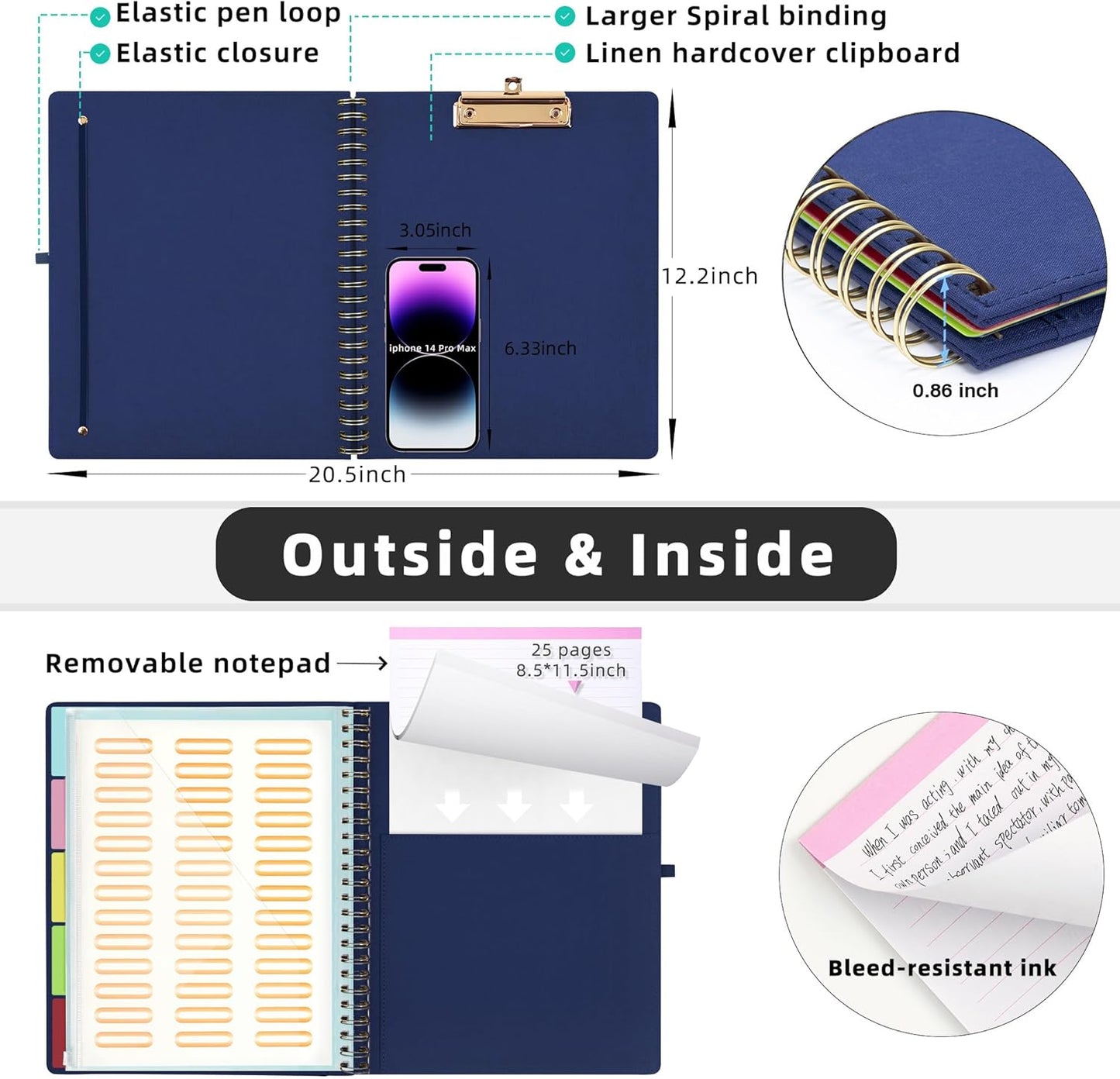 Ospelelf Foldable Spiral Clipboard Folio with Storage Zipper Pouch, 5 Plastic Folders with 10 Pockets,Refillable Lined Notepad (11" x 8.5"), Hardcover Project Organizer with 39 Stickers (Purple)