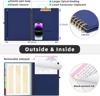 Ospelelf Foldable Spiral Clipboard Folio with Storage Zipper Pouch, 5 Plastic Folders with 10 Pockets,Refillable Lined Notepad (11" x 8.5"), Hardcover Project Organizer with 39 Stickers (Purple)