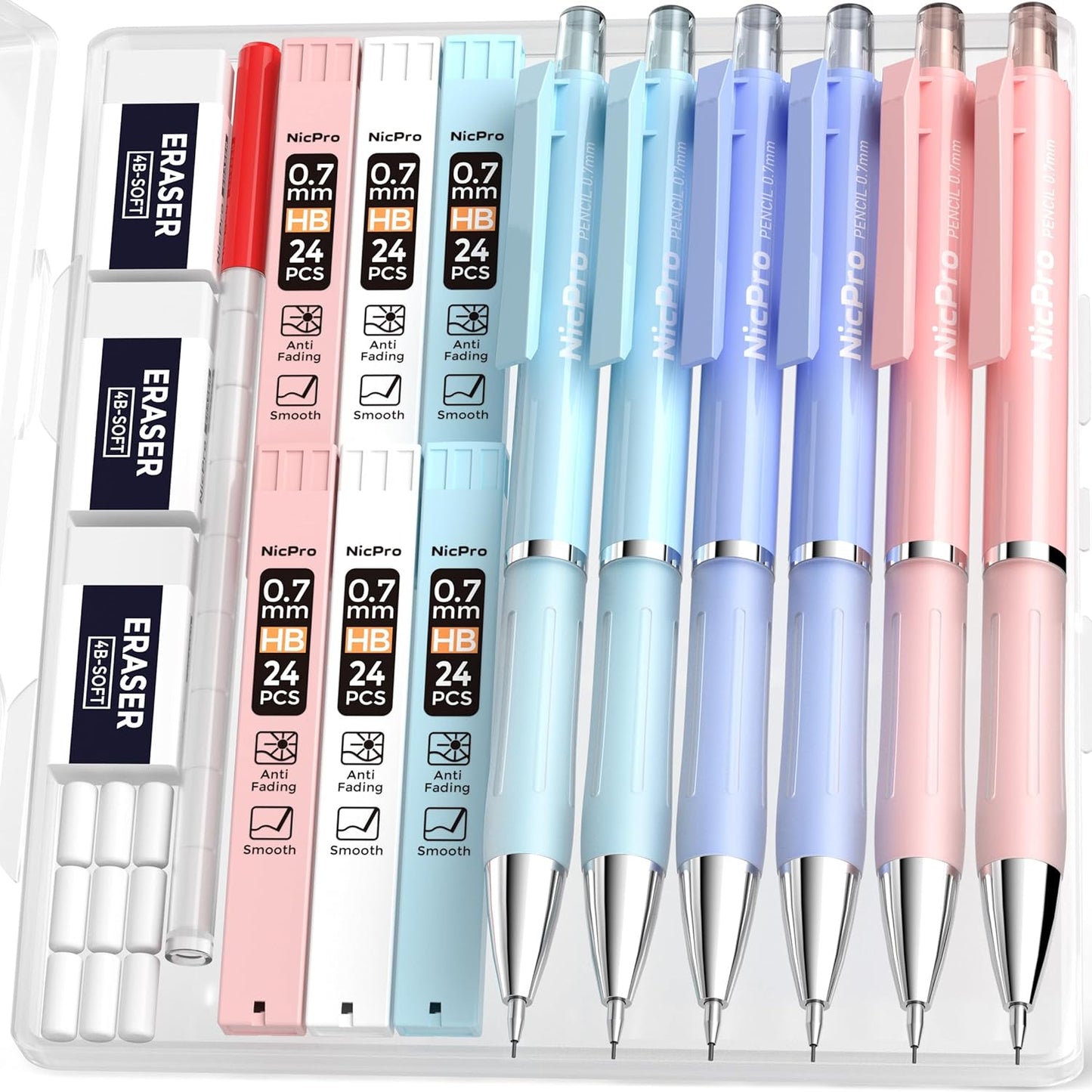 Nicpro 3PCS Cute Mechanical Pencil Set with Case, 0.7 mm Pencils with 6 Tube HB Lead Refill, 3PCS Eraser, 9PCS Eraser Refill for School Supplies Student Writing, Drafting Drawing Sketching