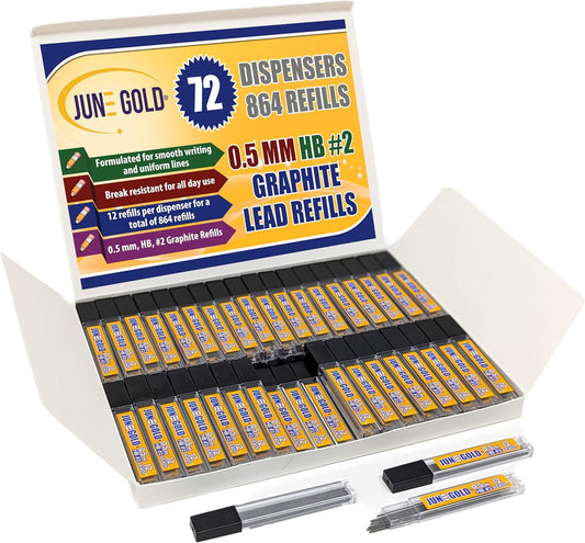 June Gold 864 Pieces, 0.9 mm HB #2 Lead Refills, 72 Dispensers, 12 Pieces Per Dispenser, Bold Thickness, Break Resistant Lead/Graphite
