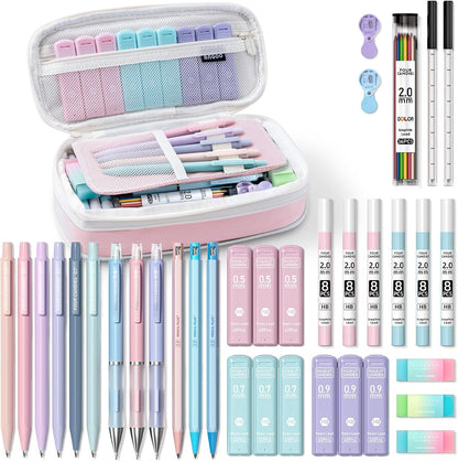 Four Candies 42PCS Aesthetic School Supplies, Mechanical Pencil Set 0.5mm, 0.7mm, 0.9mm, 2.0mm with 696 Lead Refills, Pastel Mechanical Pencils for Writing, Drawing & Drafting (Cream)