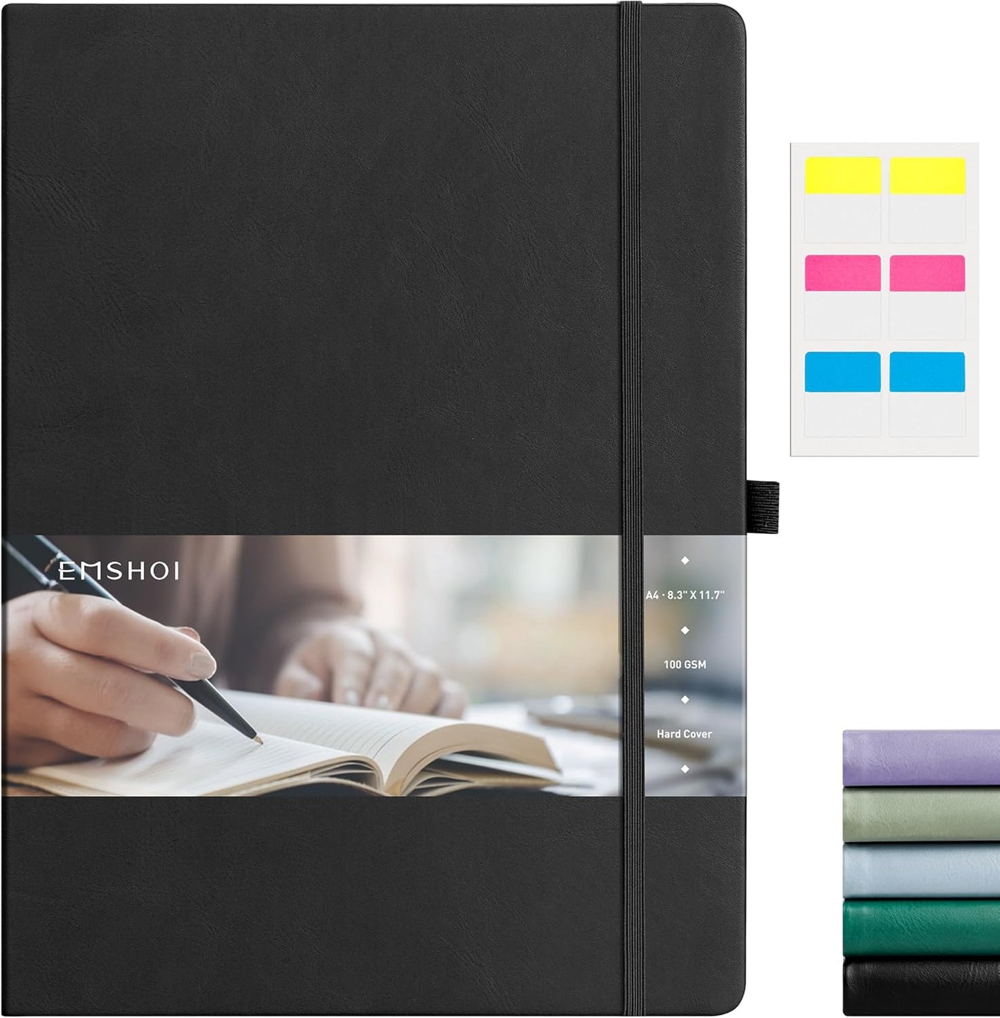 EMSHOI A4 College Ruled Notebook, Large 8.3" x 11.7", 192 Pages 100GSM Ink-Proof Faux Leather Hardcover Lay-Flat Lined Journal for Office School Work Writing, Black