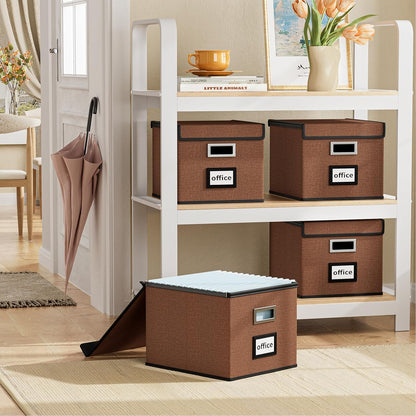Huolewa Upgraded Portable File Organizer Box with Lid, Collapsible Linen Hanging Filing Storage Boxes with Plastic Slides, Decorative Home/Office Filing System Box for File and Folders Storage (Gray)