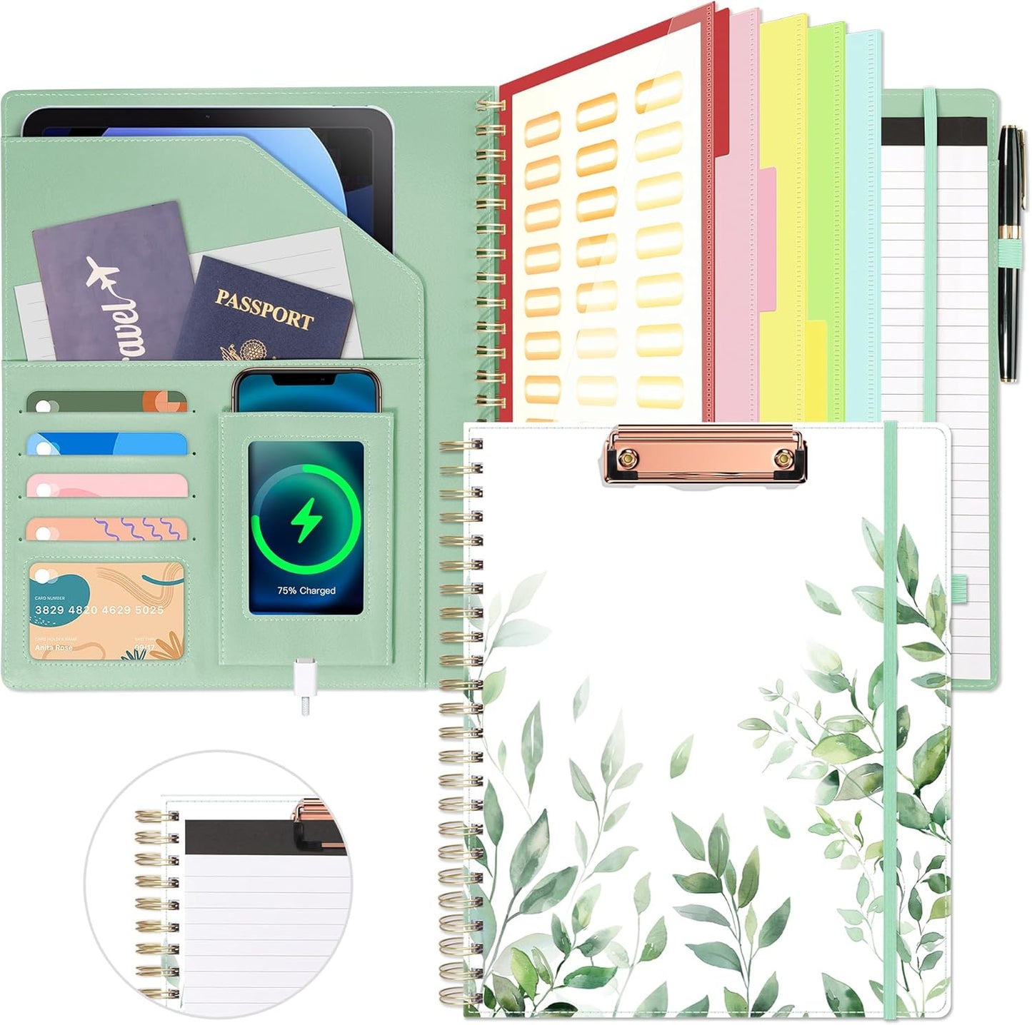 Ospelelf Clipboard with Storage for Women, Leather Padfolio Portfolio Organizer 5 Folders with 10 Pockets, Spiral Clipboard Folio with Notepad for Letter Size, Elastic Closure and Pen Loop Floral