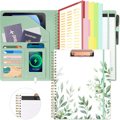 Ospelelf Clipboard with Storage for Women, Leather Padfolio Portfolio Organizer 5 Folders with 10 Pockets, Spiral Clipboard Folio with Notepad for Letter Size, Elastic Closure and Pen Loop Floral