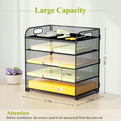 VIEERINN 5 Tier Paper Letter Tray Organizer with Handles, Mesh Desk File Organizer Metal Paper Sorter Holder, Desktop Document Shelf Tray Storage Organization for Office School Home