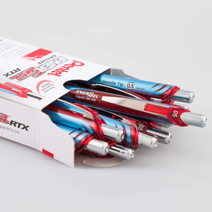 Pentel® EnerGel™ Deluxe RTX Retractable Liquid Gel Pens, Fine Point, 0.5 mm, 54% Recycled, Blue Barrel, Black Ink, Pack Of 12 Pens