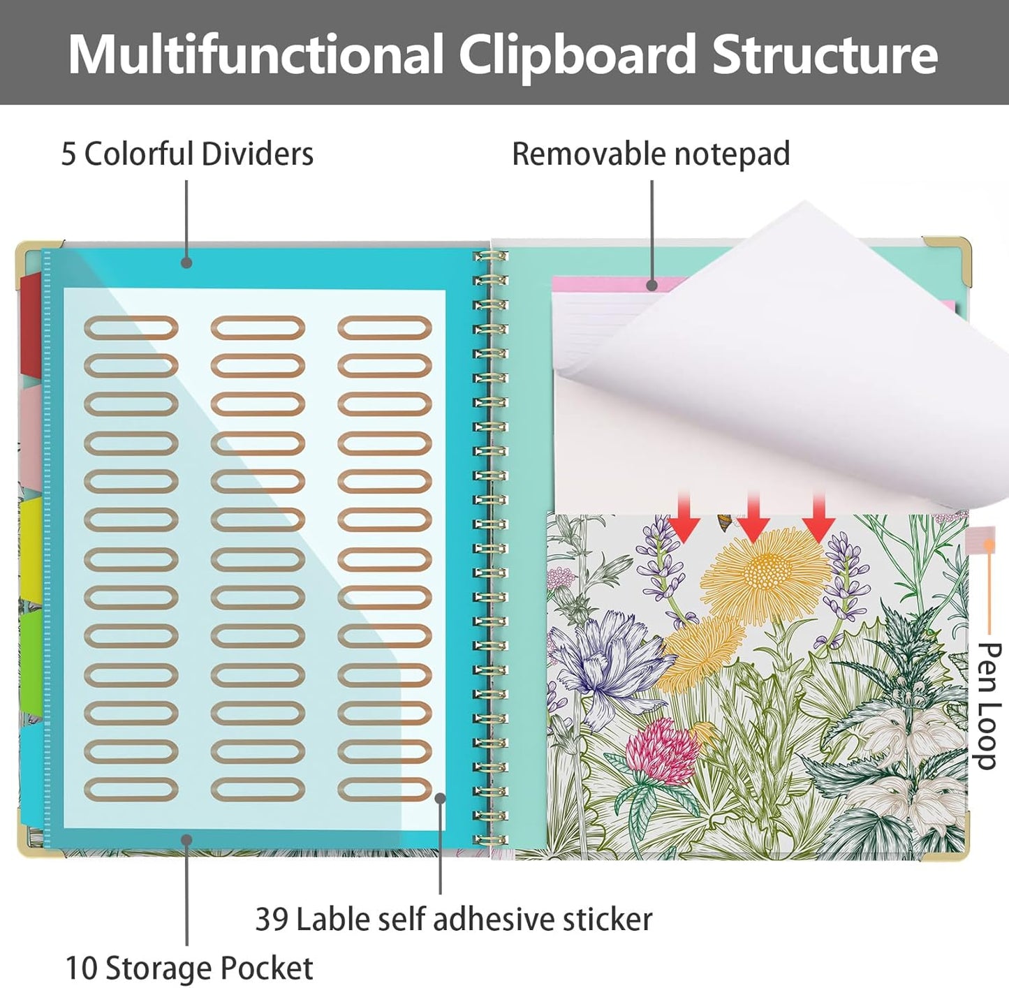 Clipboard Folio with Storage 8.5 X 11 Padfolio Notebook, Clipboards with Notepad Spiral with 10 Pockets and 5 Folders Nursing Teacher School Essentials (Pink Floral)