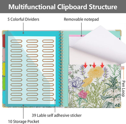 Clipboard Folio with Storage 8.5 X 11 Padfolio Notebook, Clipboards with Notepad Spiral with 10 Pockets and 5 Folders Nursing Teacher School Essentials (Pink Floral)
