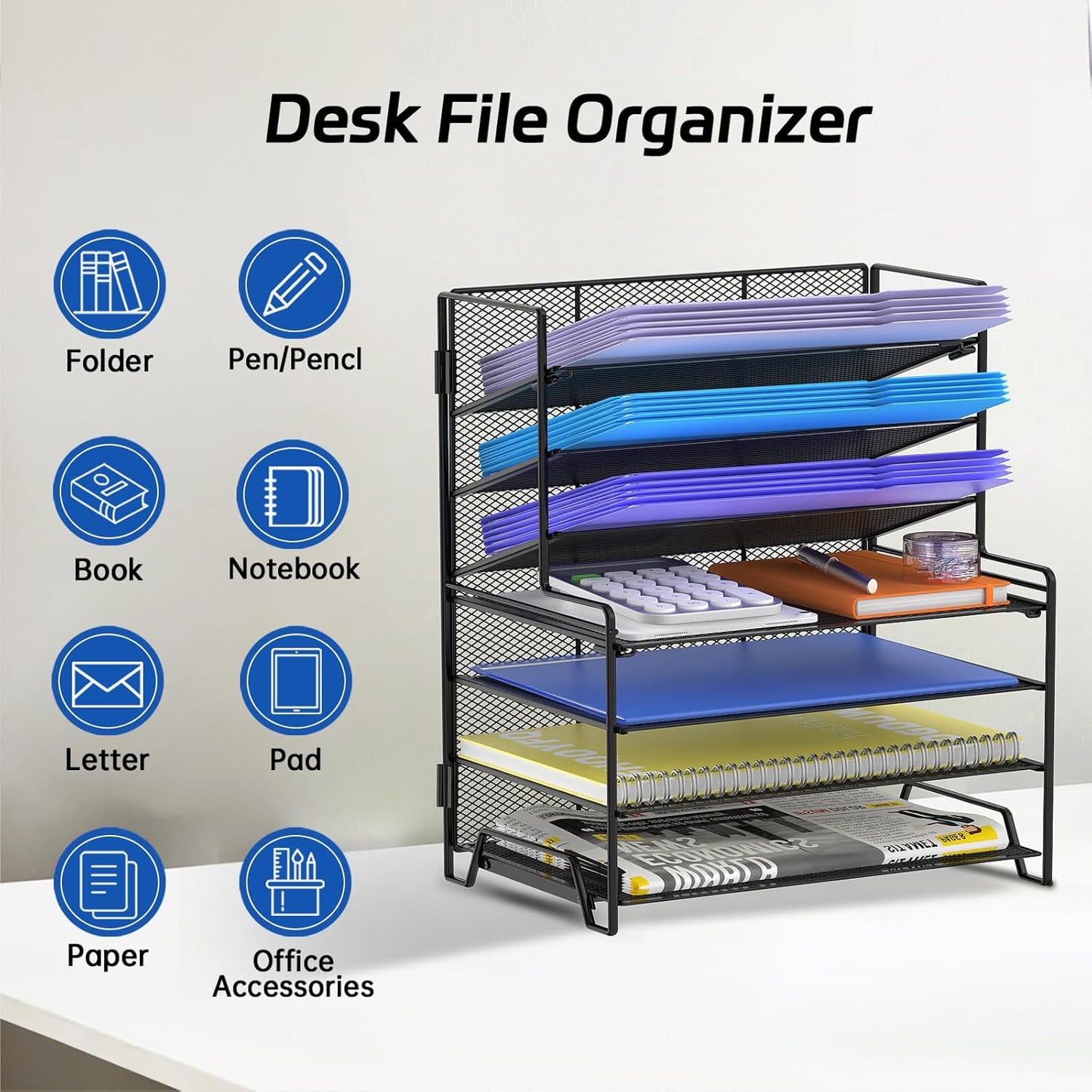 7 Tier Desk File Organizer Metal Mesh Paper Sorter Letter Tray Desktop Organizer for Home Study Office and Workspace, Black