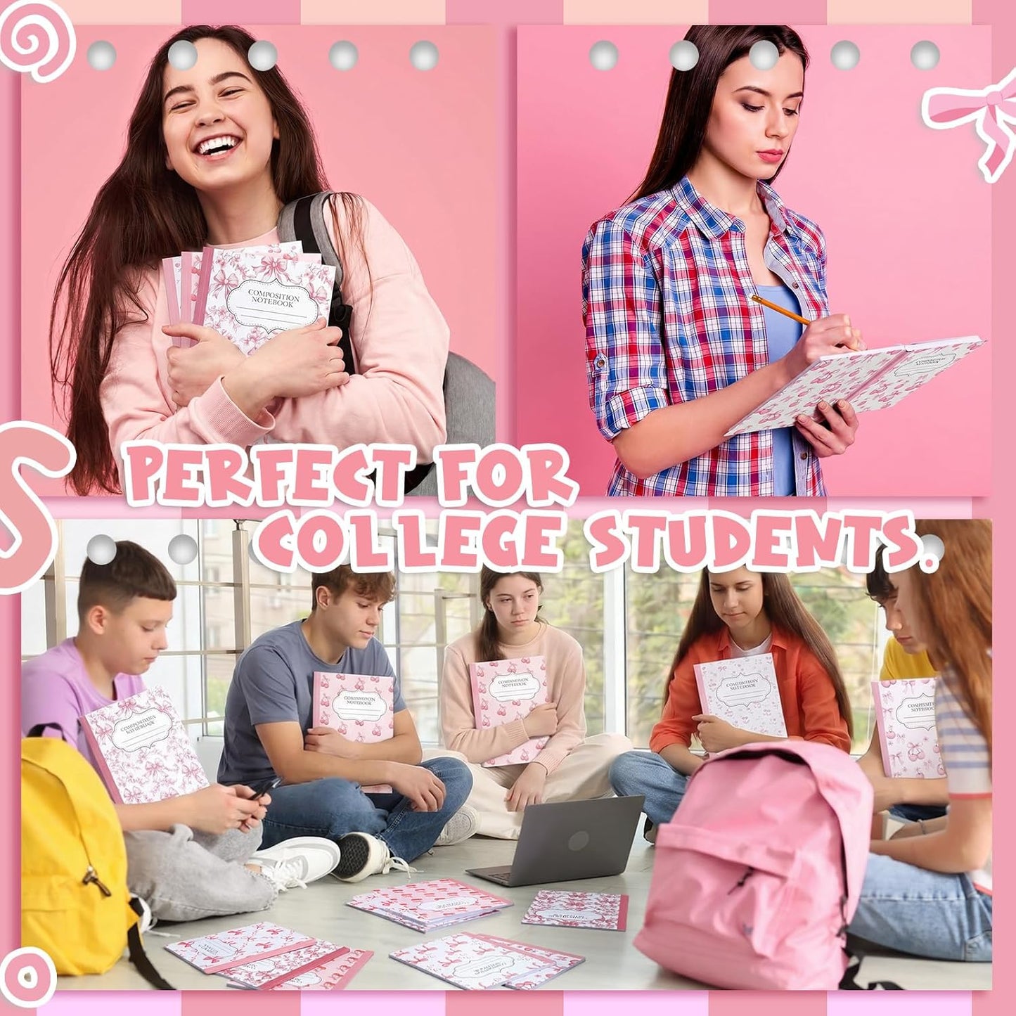 Fullhawl 6 Pcs Bow Composition Notebooks, Preppy Coquette Notebook College Ruled Journal, 110 Page, Cute Back to School Gift for Teacher, Student, First Day of Schooll(Pink,9-3/4 x 7-1/2")