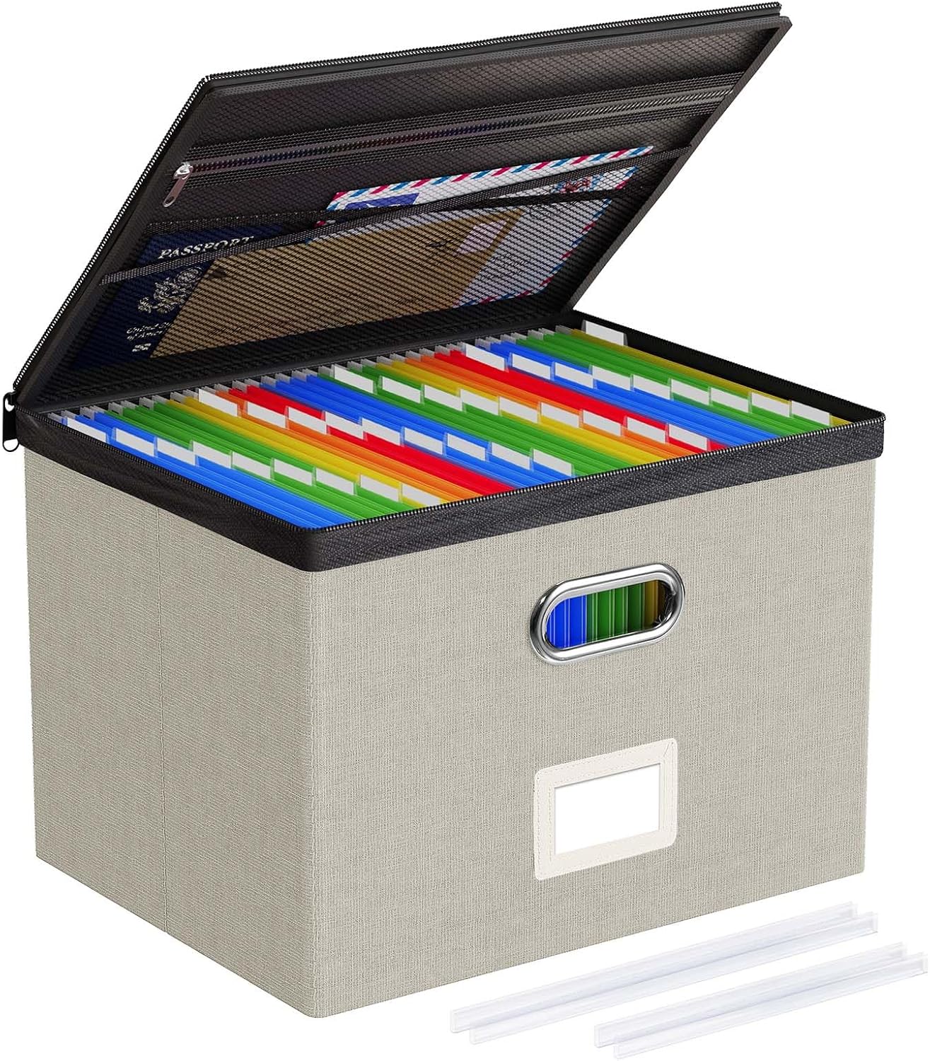 Oterri 2 Pack File Organizer Boxes with Lids, File Box with Mesh Pockets, Document Organizer Box for File Folders Letter Size, Zippers Filing Box for Home, Office, School (Green, Without Folders)