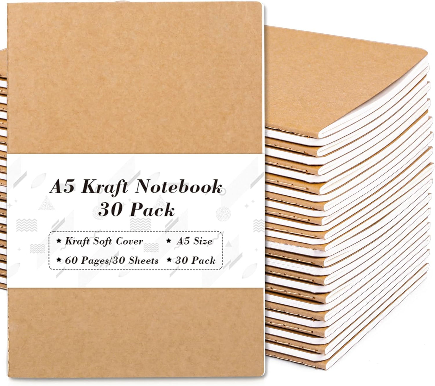 feela 90 Pack Kraft Notebooks Bulk, Lined Travel Journals Note Pad Notebooks for Men Women Girls Students, Making Plans Writing Memos Office School Supplies, A5, 60 Pages, 8.3” X 5.5”