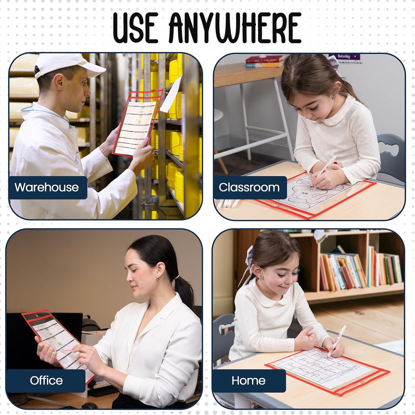 Essex Wares - 6 Pack, Assorted, Dry Erase Pocket Document Protectors, 10" Wide x 13.5" Tall- Dry Erase Clear Plastic Sleeves - Reusable & Easy Erase Plastic Invoice Holders, Water-Resistant & Durable