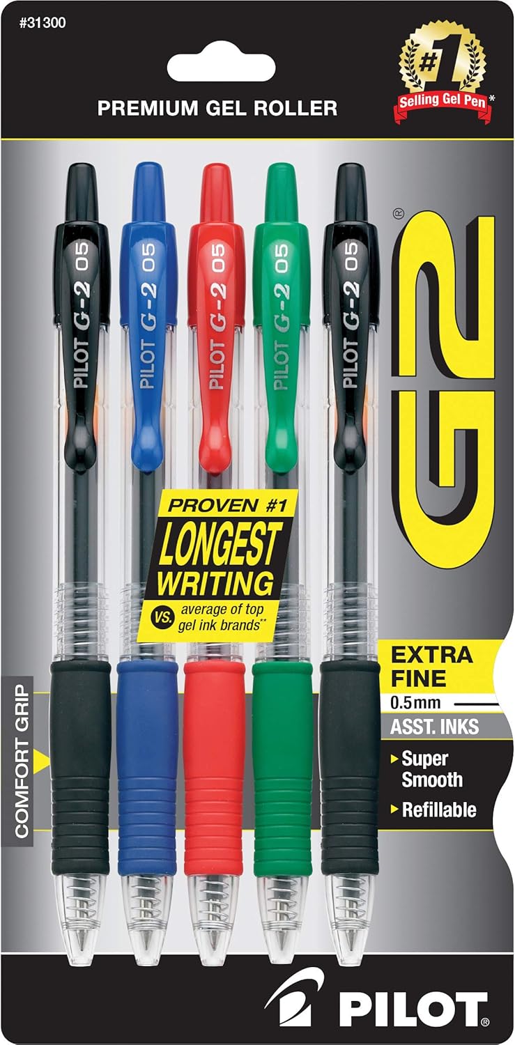 PILOT G2 Premium Refillable and Retractable Rolling Ball Gel Pens, Extra Fine Point, Assorted Color Inks, 5-Pack (31300)