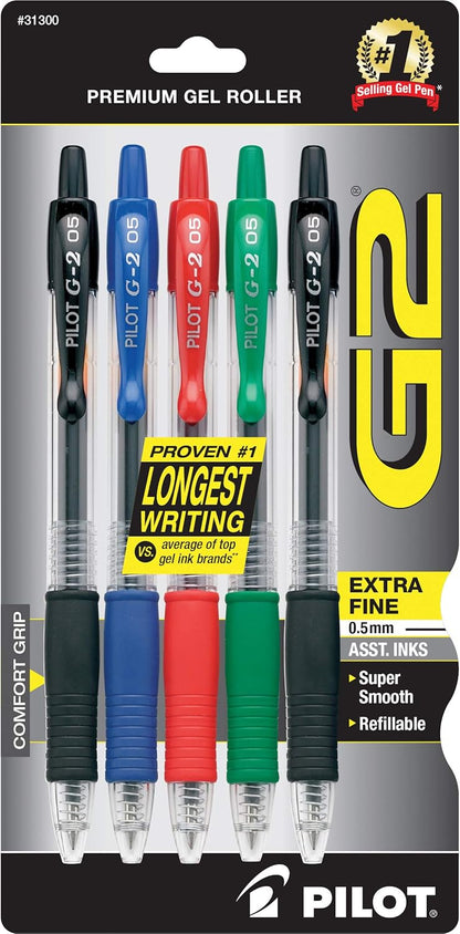 PILOT G2 Premium Refillable and Retractable Rolling Ball Gel Pens, Extra Fine Point, Assorted Color Inks, 5-Pack (31300)
