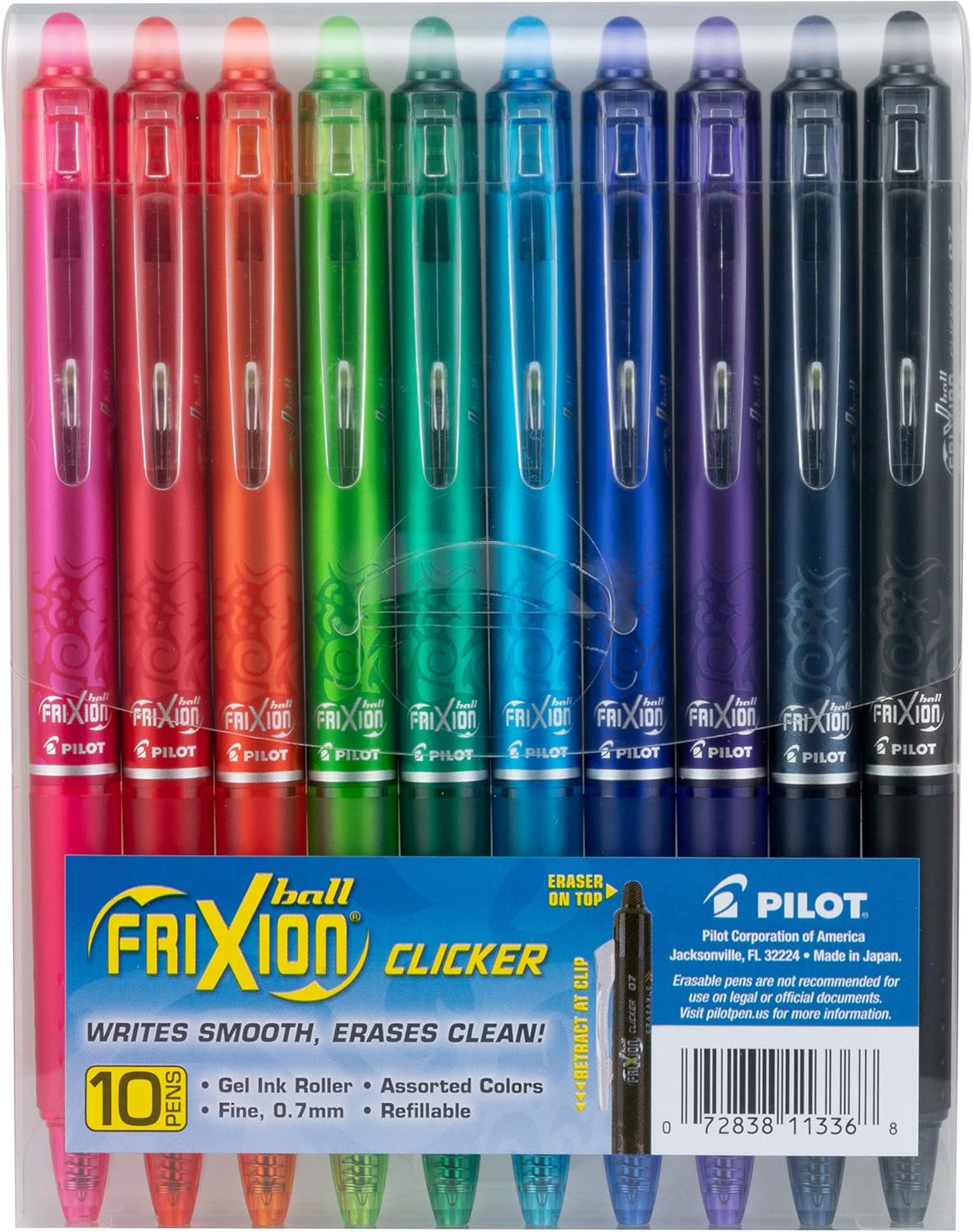 PILOT FriXion Clicker Erasable, Refillable & Retractable Gel Ink Pens, Fine Point, Assorted Color Inks, 10-Pack Pouch (11336)