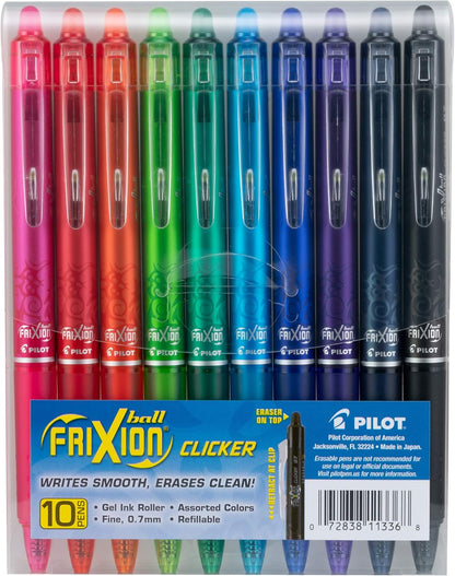 PILOT FriXion Clicker Erasable, Refillable & Retractable Gel Ink Pens, Fine Point, Assorted Color Inks, 10-Pack Pouch (11336)