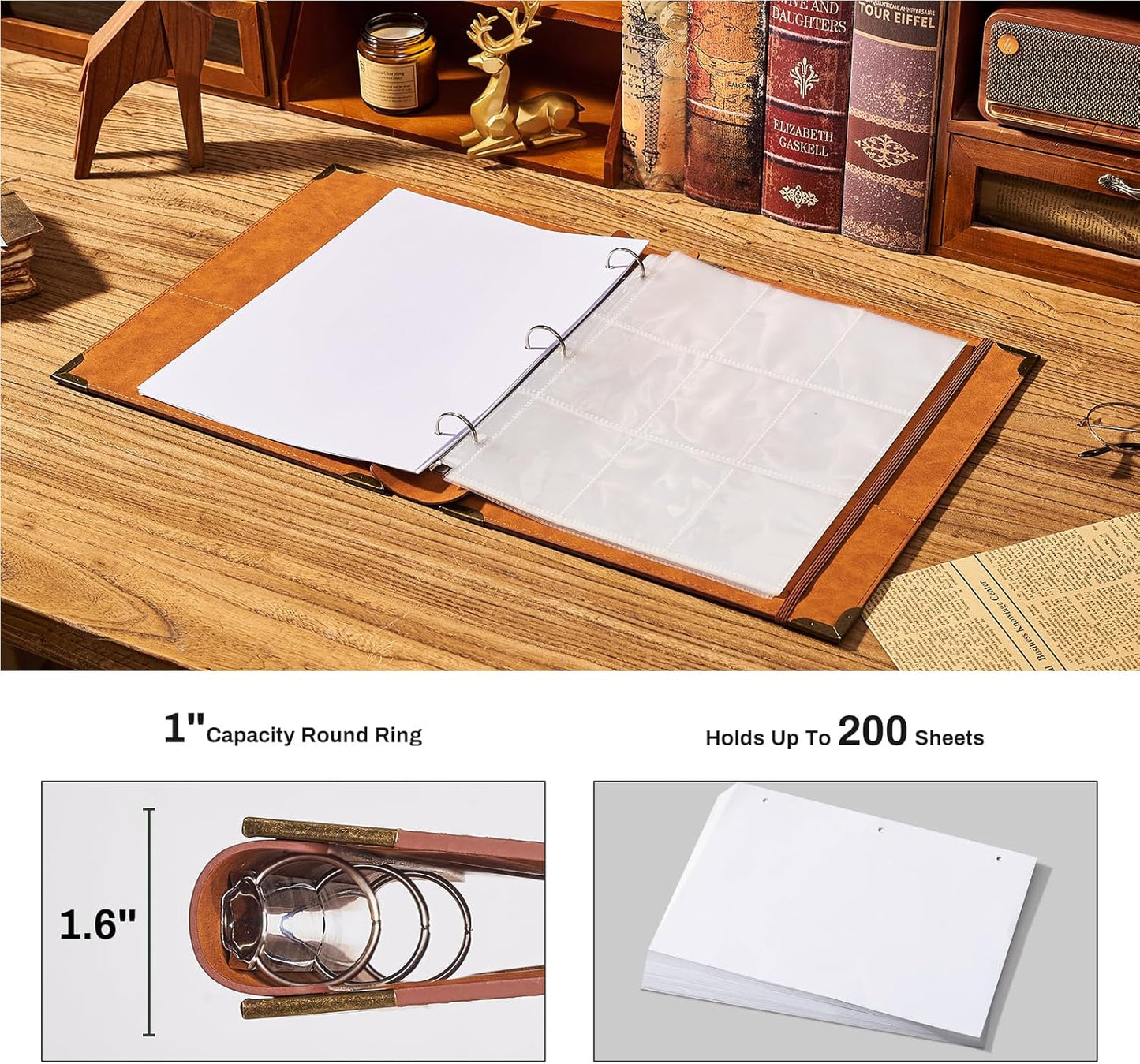 Ovesmusl Leather 3 Ring Binder 1 Inch Round Ring Binder Fits 200 Sheets 8.5"x11" Letter Size Paper, Wedding Family History Notebook Cover Loose Leaf Organizer, Brown