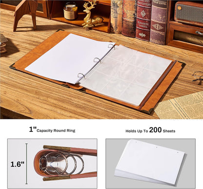 Ovesmusl Leather 3 Ring Binder 1 Inch Round Ring Binder Fits 200 Sheets 8.5"x11" Letter Size Paper, Wedding Family History Notebook Cover Loose Leaf Organizer, Brown