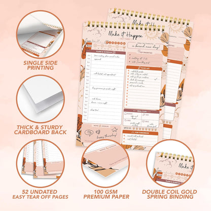 Decorably 52 Sheets Boho Celestial Undated Daily to Do List Notepad - 6.5x10" Spring-Bound Planner, Easy Tear-Off, for Schedule, Priorities, Agenda, Water Intake, Meals, Notes & Doodles - Home, Office