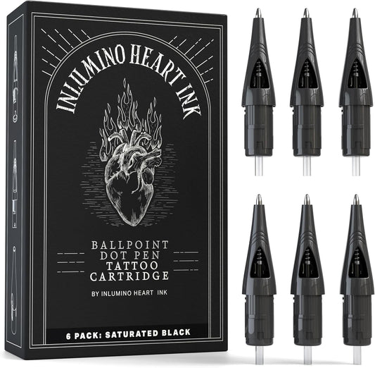Inlumino Heart Ink Ballpoint Pen Cartridges – Saturated Black Ink (6 Pack) – Practice Cartridges for Rotary Pen Machines – Water-Based Ink with Bold Color