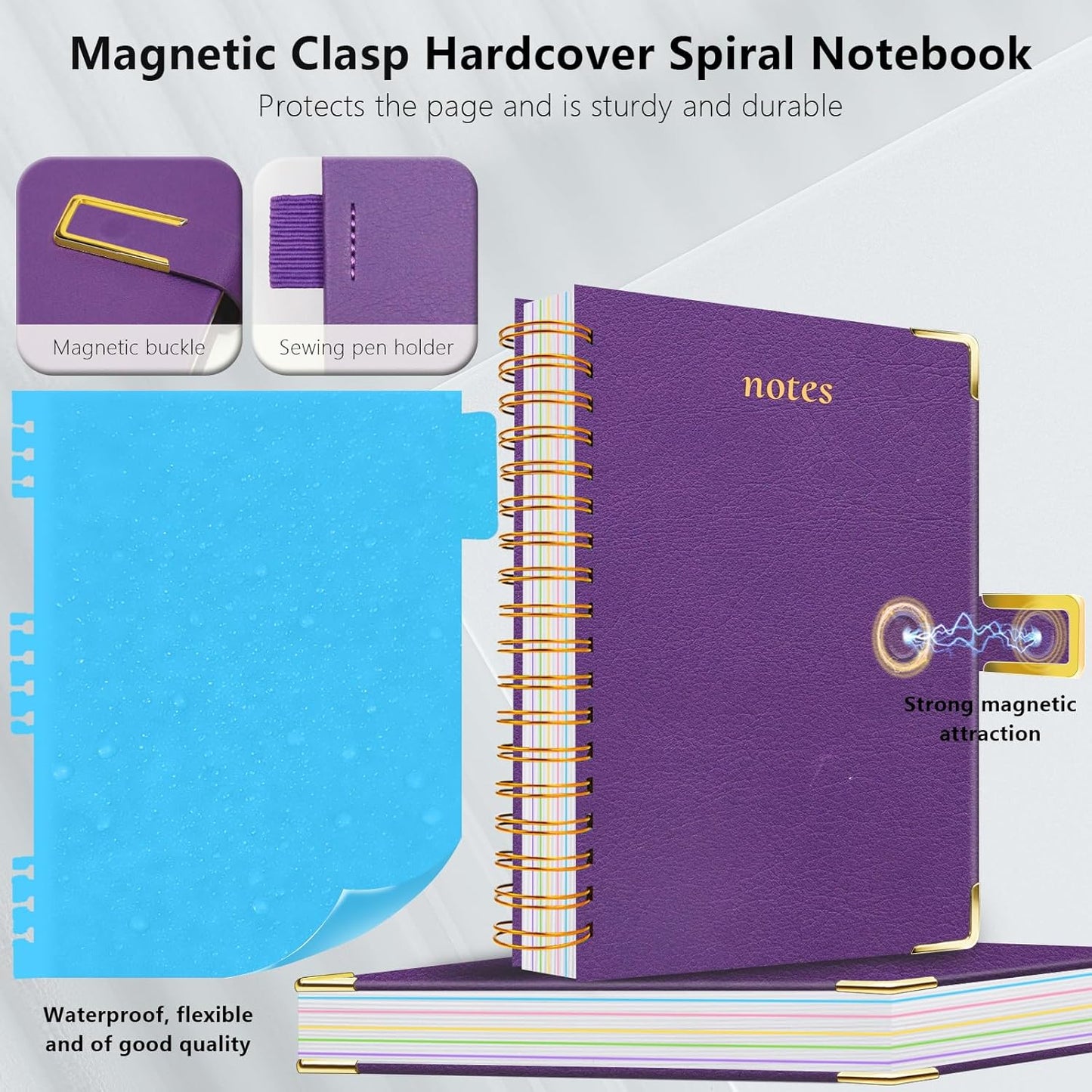 Hardcover Spiral Notebook College Ruled, 8"x10" Leather Journal Notebook with Magnetic Closure, 300 Pages 5 Subject Notebook with Dividers Tabs Journal for Women Men, Work, School(Rose Red)