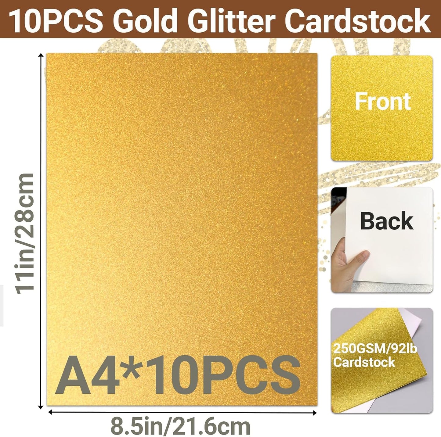 10 Sheets Gold Glitter Cardstock 250GSM/92lb No Shedding Sparkle Paper for DIY Crafts, Invitations & Cricut Cutting | Printer-Friendly A4 Size (7.87x11.8) for Scrapbooking & Gift Boxes