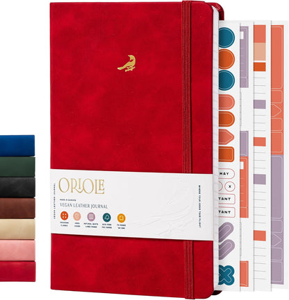 Oriole Vegan Leather Ruled Notebook - Chestnut Brown | 176 Pages of Thick Lined Paper | Soft Touch Hardcover Journal (5 x 8 in) with Gold Foil Bird Design & Luxury Gift Box