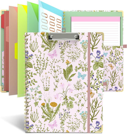 Clipboard Folder with Notepad Refillable Lined for Letter Size (11" x 8.5"), 5 Dividers with Storage 10 Pockets, Cute Spiral Foldable Clipboard with Metal Clip School Office Supplies (Sunflowers)