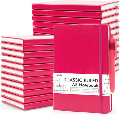 feela College Ruled Notebooks, 24 Pack Business Notebook Hardcover Lined Writing Journal with Pen Holder for Men Women Note Taking, with 24 Black Pens, 120 GSM, 5.1”x8.3”, A5, White