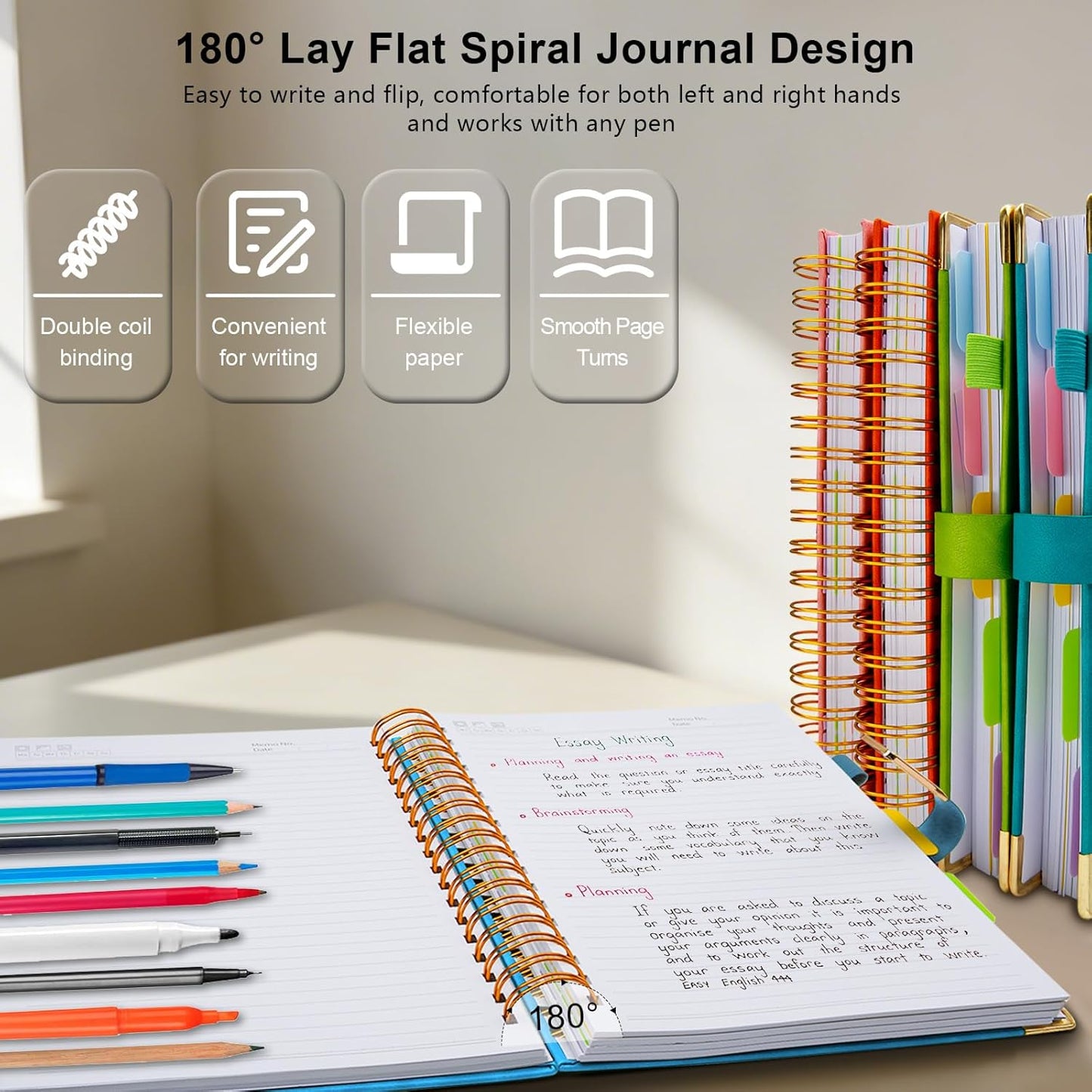 Hardcover Spiral Notebook College Ruled, 8"x10" Leather Journal Notebook with Magnetic Closure, 300 Pages 5 Subject Notebook with Dividers Tabs Journal for Women Men, Work, School(Rose Red)