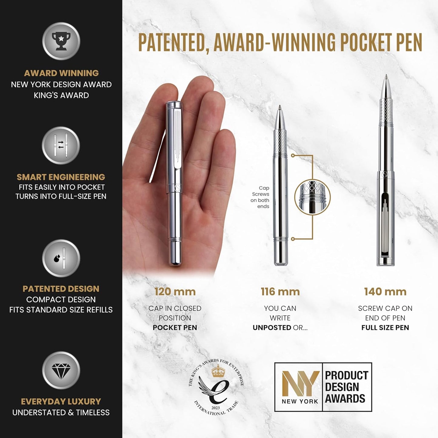 Scriveiner Black Rollerball EDC Luxury Pen, Stunning Pocket Pen with Chrome Finish, Cool Writing, Best Gift for Men & Women, German Schmidt Refill, Nice Present, Fancy Office Designer Set