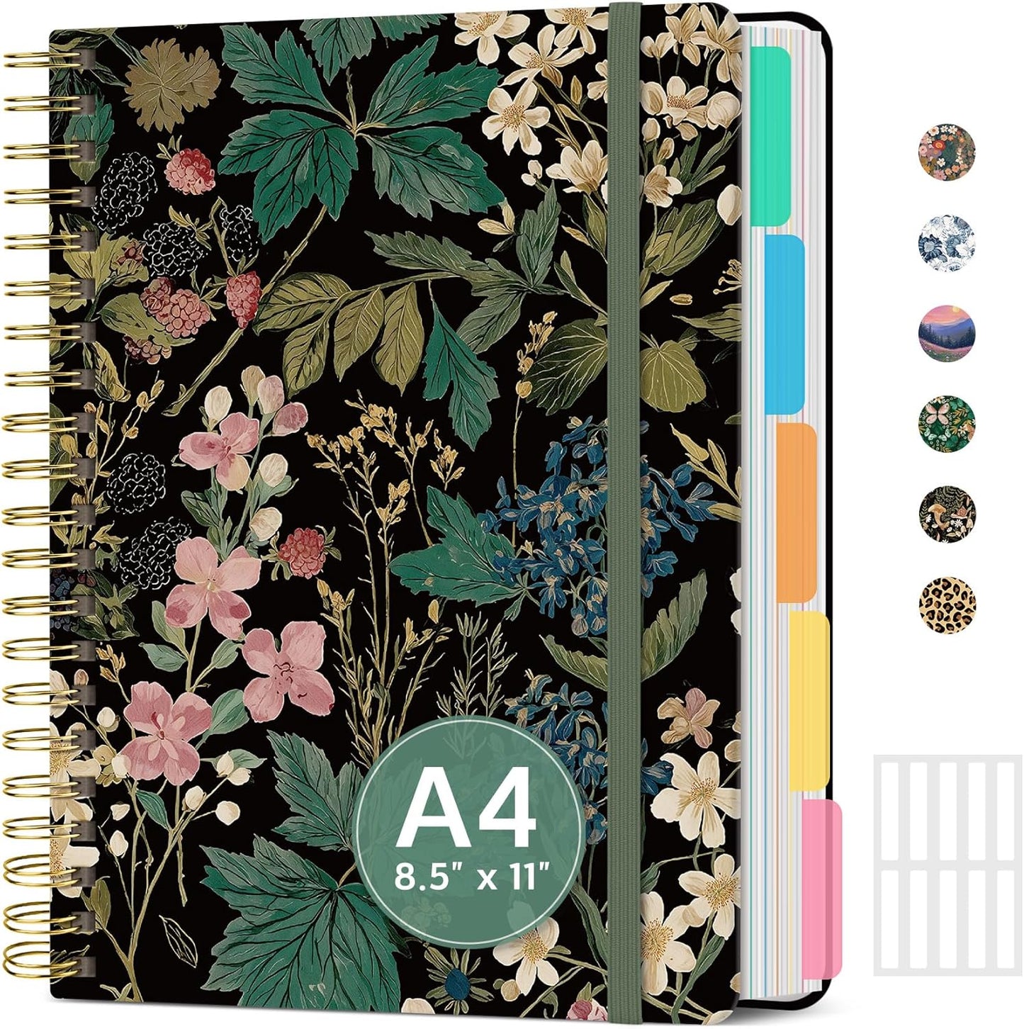 Large Spiral Notebook with Dividers & Tabs, 8.5" x 11" Hardcover 5 Subject Notebook for Work, 280 pages, College Ruled, Cute Journal for Women, Perfect for Study & Office Note Taking, Garden