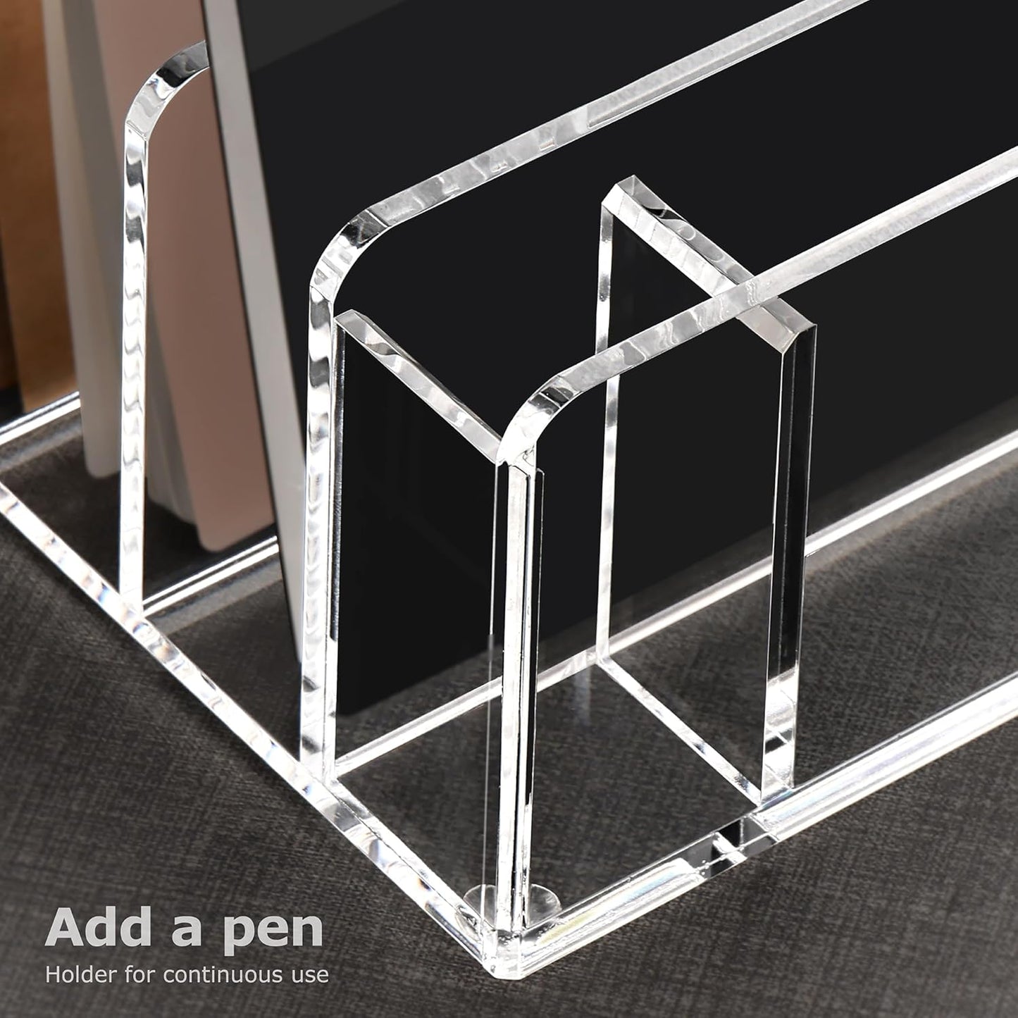 SANRUI 5 Compartments Acrylic Mail Sorter Holder, Clear Document Magazine Envelope File Rack, Vertical Letter Sorter & Multifunction Desk Organizer for Bills, Documents, Notebooks