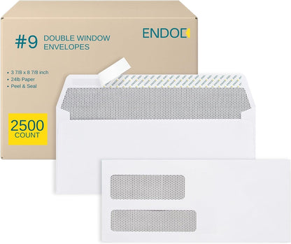 EnDoc 500#9 Double Window Envelopes Self Seal, 3 7/8 x 8 7/8" Security Tinted Envelopes for Invoices & Statements, Business Mailing Envelopes with Windows, Bright White 24lb Paper no. 9