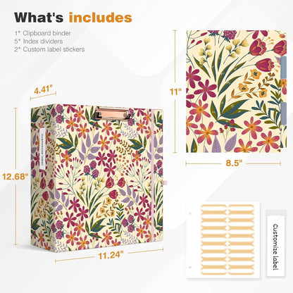 Ospelelf Binder 3 Ring 1 Inch, Floral Round Ring Clipboard Binder for Letter Size with 5 Tab Dividers, File Folder Labels, for School and Office Supplies