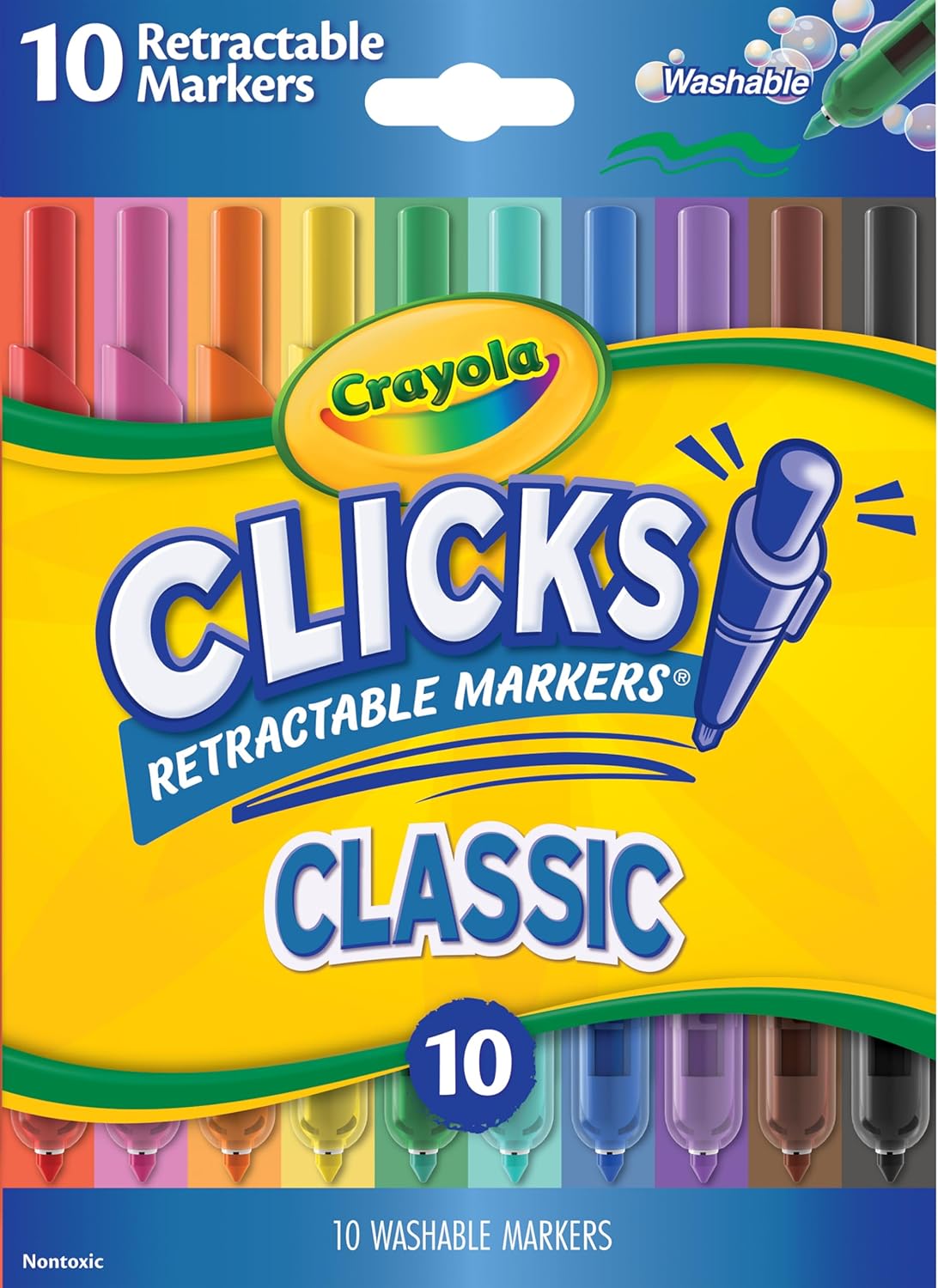 Crayola Clicks Retractable Markers Bold (10ct), Teacher Classroom School Supplies, Spring Crafts, No Dry Washable Markers for Kids
