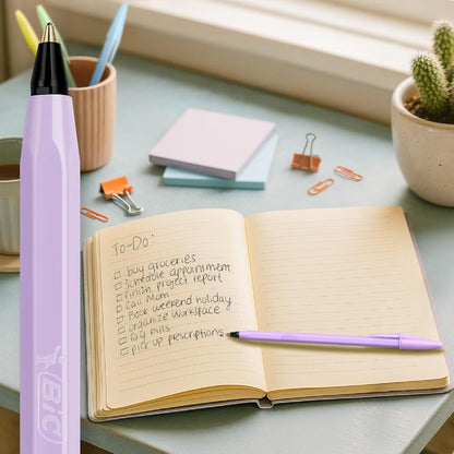 BIC Cristal Pastel Ballpoint Pens, Black Ink, Pastel Colored Barrels, Pens for Journaling, 24-Count Pack