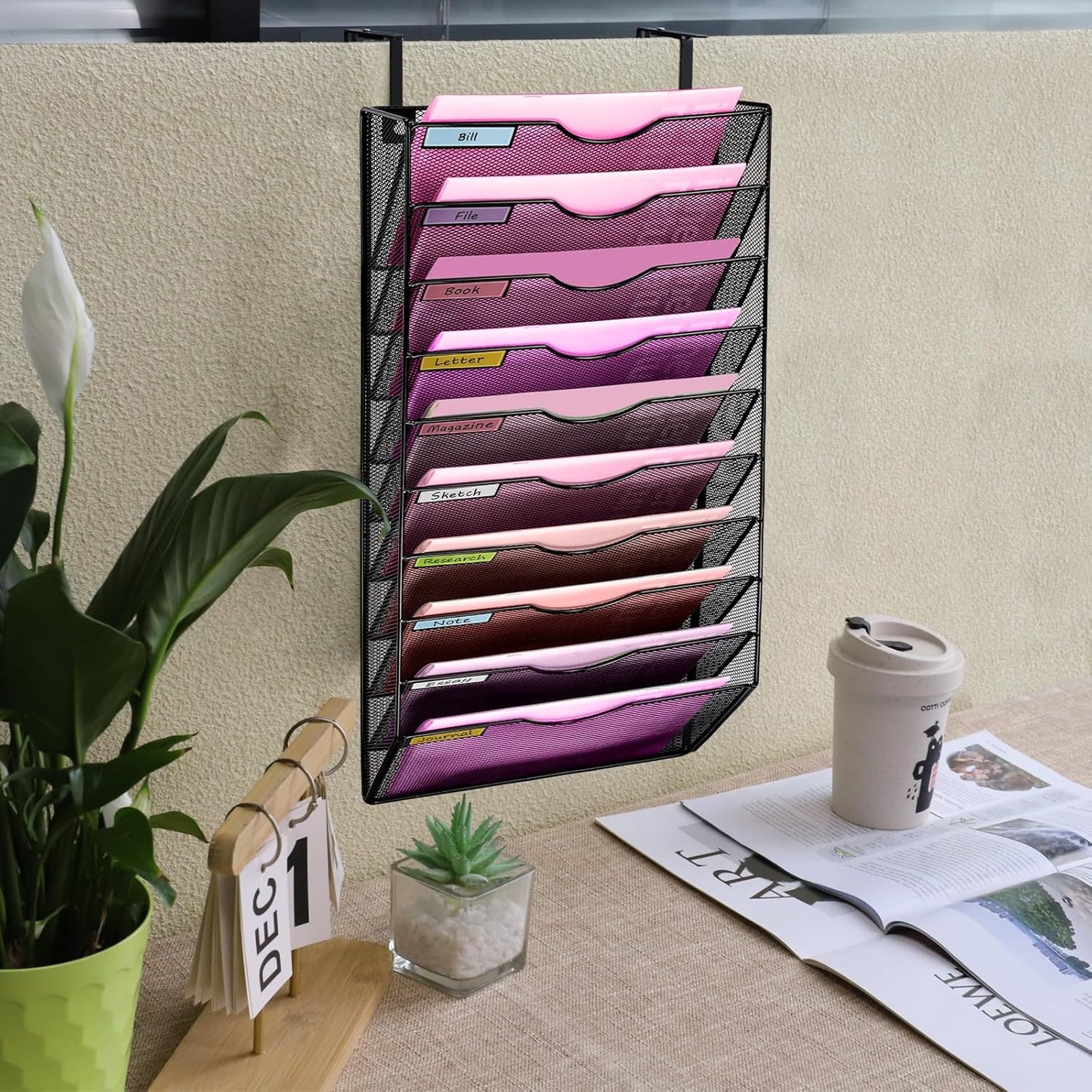 1 Pocket Mesh Wall File Holder Organizer Office Hanging File Folder Magazine Rack, Nametag Label Hooks Set Included (Black)