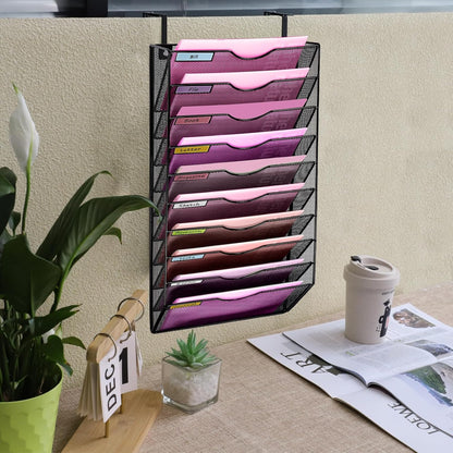 1 Pocket Mesh Wall File Holder Organizer Office Hanging File Folder Magazine Rack, Nametag Label Hooks Set Included (Black)