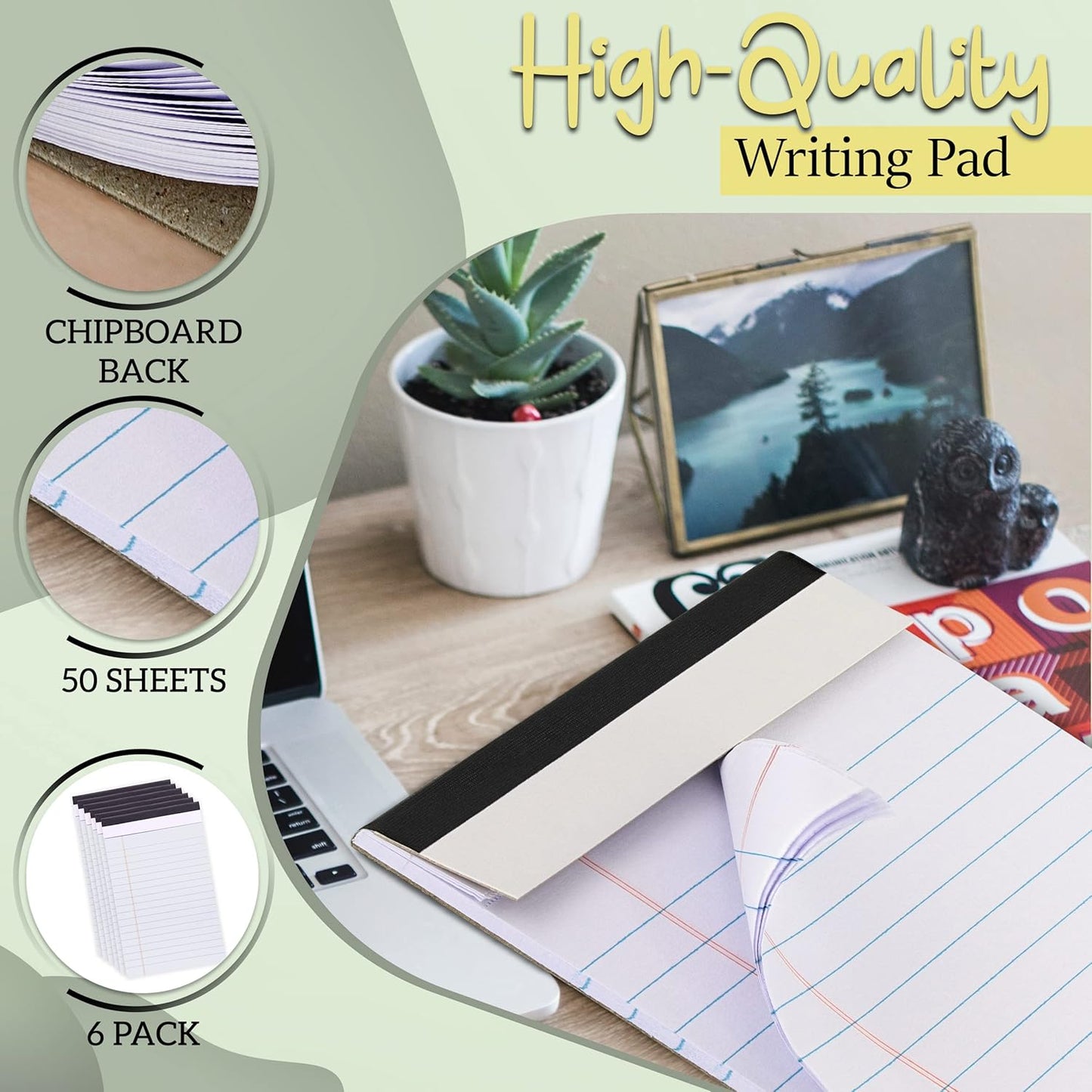 Yellow Legal Notepads 5x8, Pack of 6 - legal Ruled Writing Pad. Perforated Edge. Canary Yellow, Universal, Junior Size, 50 sheets per Pad. By Enday