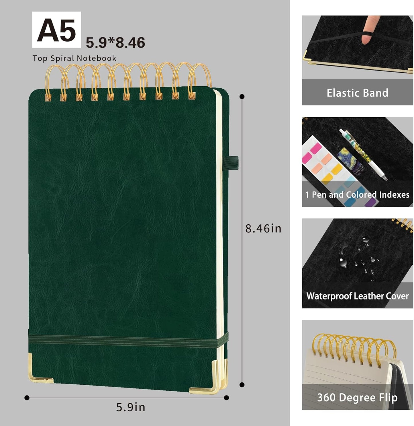Top Spiral Notebook 8.5x11, A4 Large Leather Hardcover Top Bound Steno Pads, 240 Pages 100gsm Thick Lined Paper,Wide Ruled,Left Handed Notebook Journal for Work, School - Black